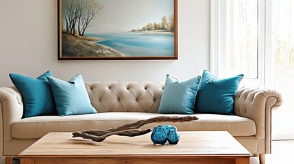 interior, contemporary living room, beige tufted sofa, aqua blue accent pillows, wooden coffee...