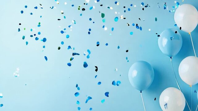 Colorful blue and white balloons clustered together, surrounded by array of bright confetti against cheerful backdrop, creating festive atmosphere