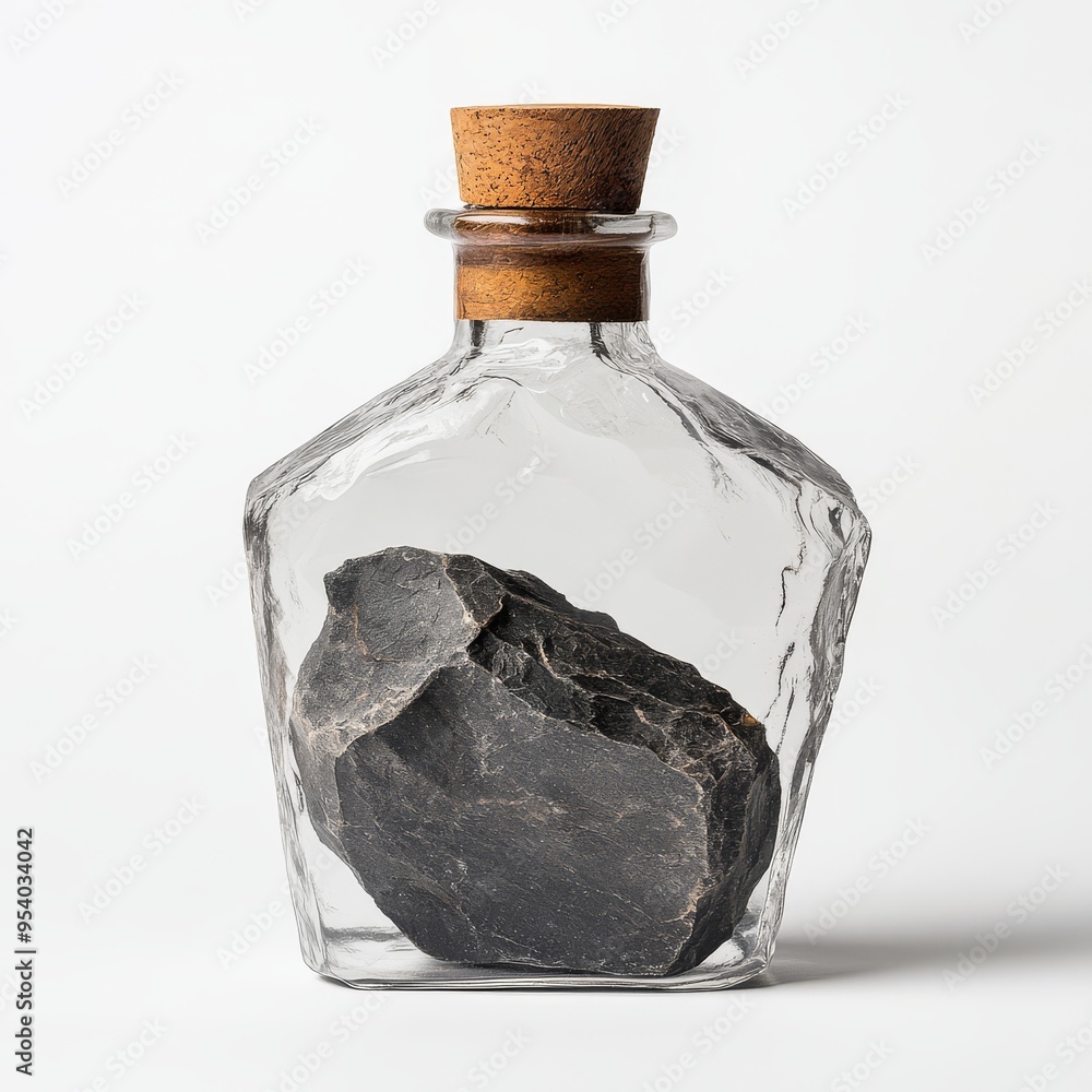 Poster artistic glass bottle featuring a unique rock showcasing a captivating blend of natural texture and 