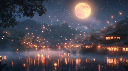 Enchanting Moonlit Village During Mid Autumn Festival with Sparkling Stars and Glowing Lanterns Creating a Dreamy Festive Atmosphere in the Countryside