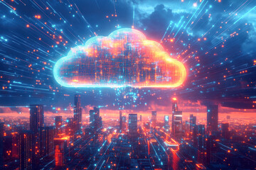 Digital cloud hovering over a futuristic city, representing cloud computing, data transfer, and technology in a cyberpunk atmosphere