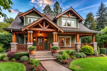 Charming exterior of a classic craftsman-style house with rich wood tones, ornate trusses, and inviting porch, surrounded by lush greenery and natural textures.