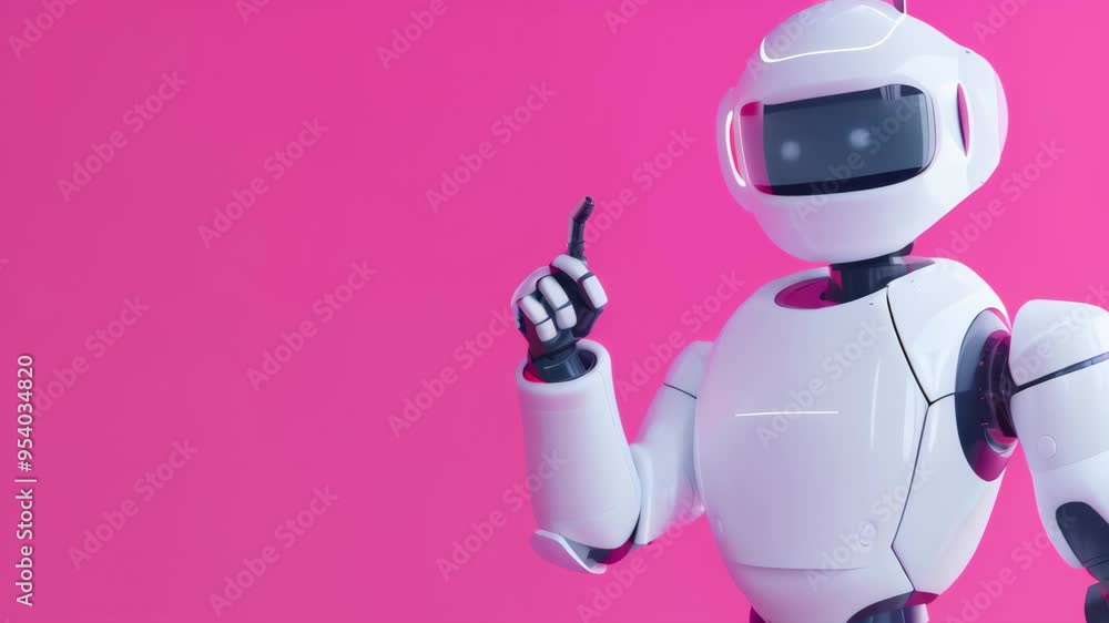 Poster futuristic robot giving a thumbs up against a vibrant pink background, symbolizing positivity and th