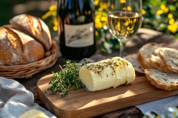 A delightful picnic scene featuring fresh bread, a bottle of wine, a glass of white wine, and creamy butter garnished with herbs. Perfect for outdoor dining. Generative AI