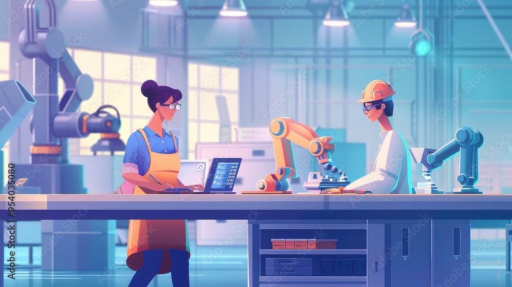 Poster two engineers working in a modern factory, one woman using a laptop and the other operating a roboti