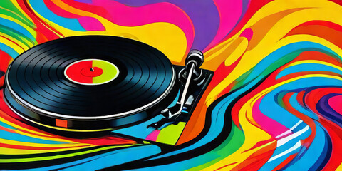 Pop art 60s psychedelic colorful trippy retro style image of vinyl record album on a turntable with music coming out of it in waves and dance party rave ambience atmosphere groovy background