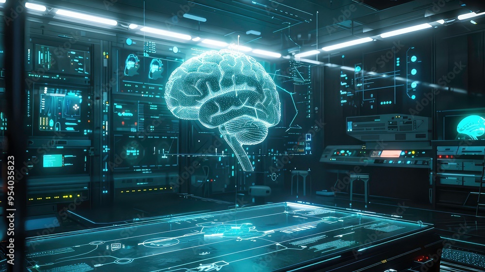 Poster a futuristic laboratory with a glowing brain model and a holographic display table.