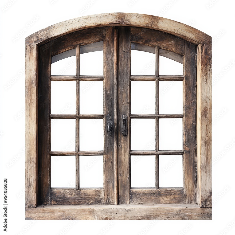 Poster charming rustic wooden window with arched top and grid pattern inviting light and warmth into a cozy