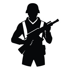 Silhouette of a Shooter Aiming to Fire with a Gun, Dynamic Figure in Action Pose on a White Background, High-Contrast Black Silhouette for Illustrations, Posters, and Graphic Designs