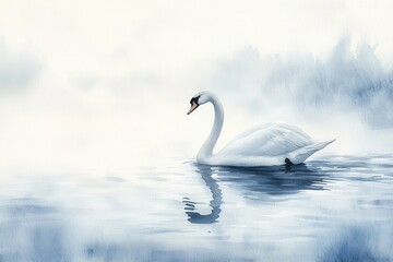 watercolor a graceful swan gliding across a misty pond at dawn, with soft ripples on the water