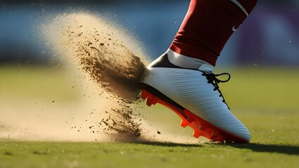 A soccer player's foot strikes the ground, sending a cloud of dust into the air during an intense game moment. GENERATIVE AI
