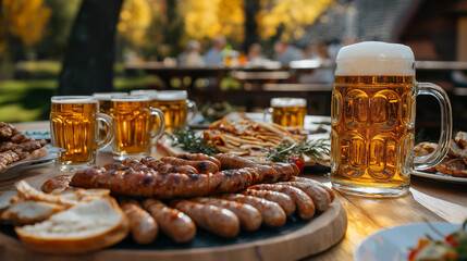 Oktoberfest Outdoor Table with Grilled Sausages and Beer Mugs