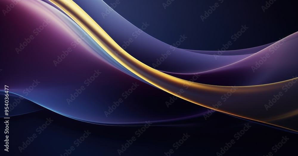 Poster a smooth, flowing abstract design with gradients of purple and gold, creating a sense of depth and e