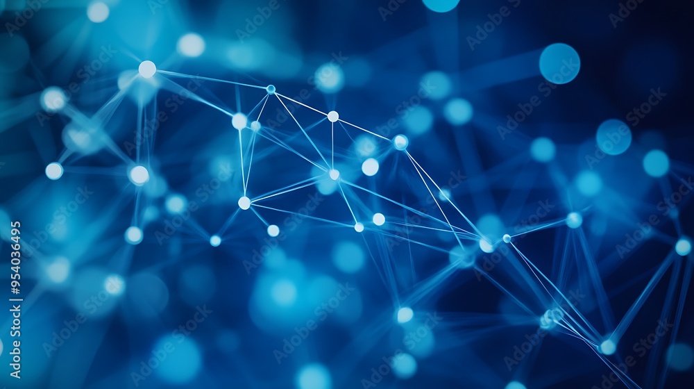 Poster abstract blue network with white nodes and bokeh lights