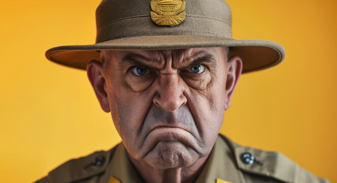Drill sergeant or instructor with angry face, studio photo closeup detail. Generative AI