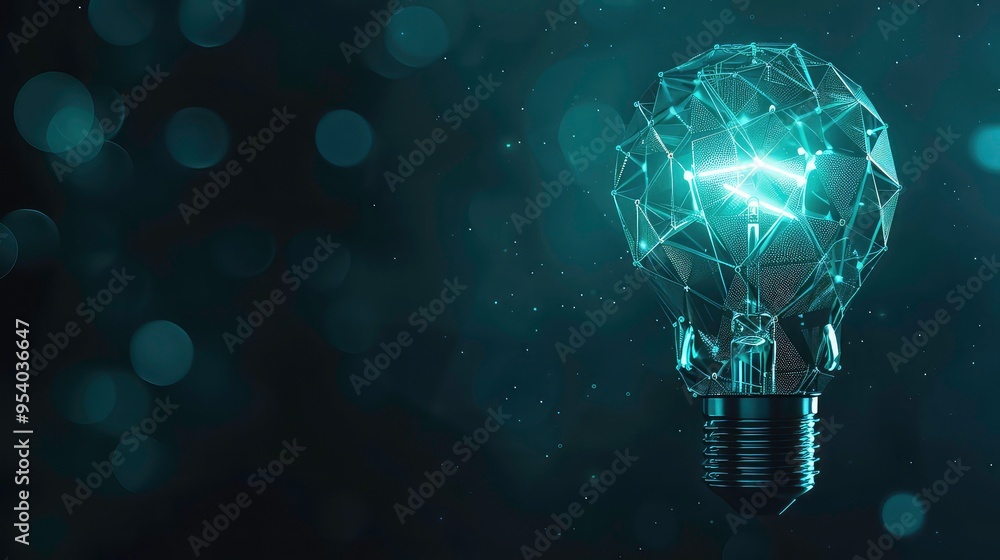 Poster a glowing lightbulb made of interconnected lines and dots against a dark background with bokeh effec
