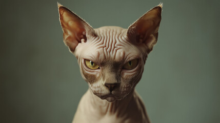Close-up image of a Sphynx cat with a serious, intense expression, with prominent wrinkles, large ears, and striking eyes