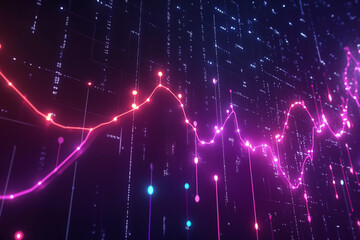 A futuristic line graph in a dark space, with neon lights and pulsing nodes representing data points