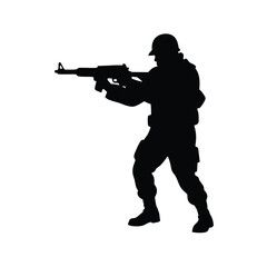Silhouette of a Shooter Aiming to Fire with a Gun, Dynamic Figure in Action Pose on a White Background, High-Contrast Black Silhouette for Illustrations, Posters, and Graphic Designs