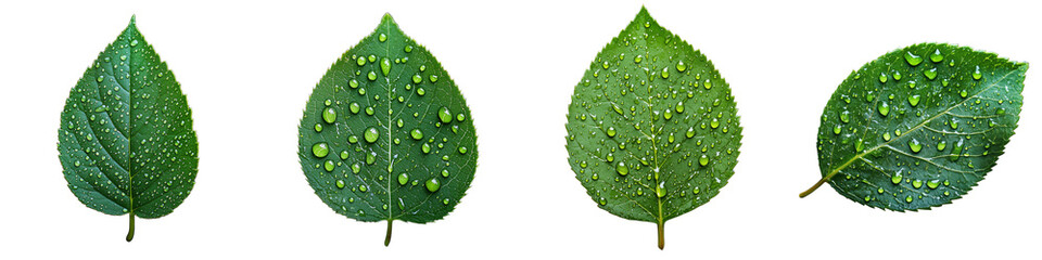 Four fresh green leaves covered with morning dew, displaying detailed texture and color on a transparent background
