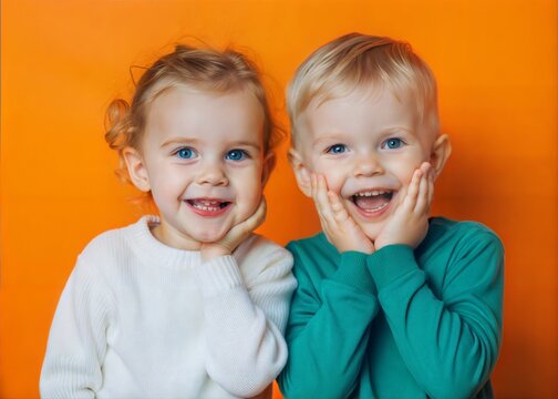 HAPPY CHILDREN WITH WHITE SKIN, AMILE, ORANGE BACKGROUND 