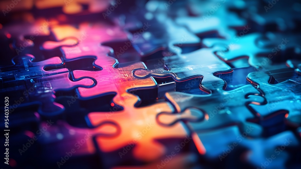 Poster abstract close-up of interlocking puzzle pieces with neon colors