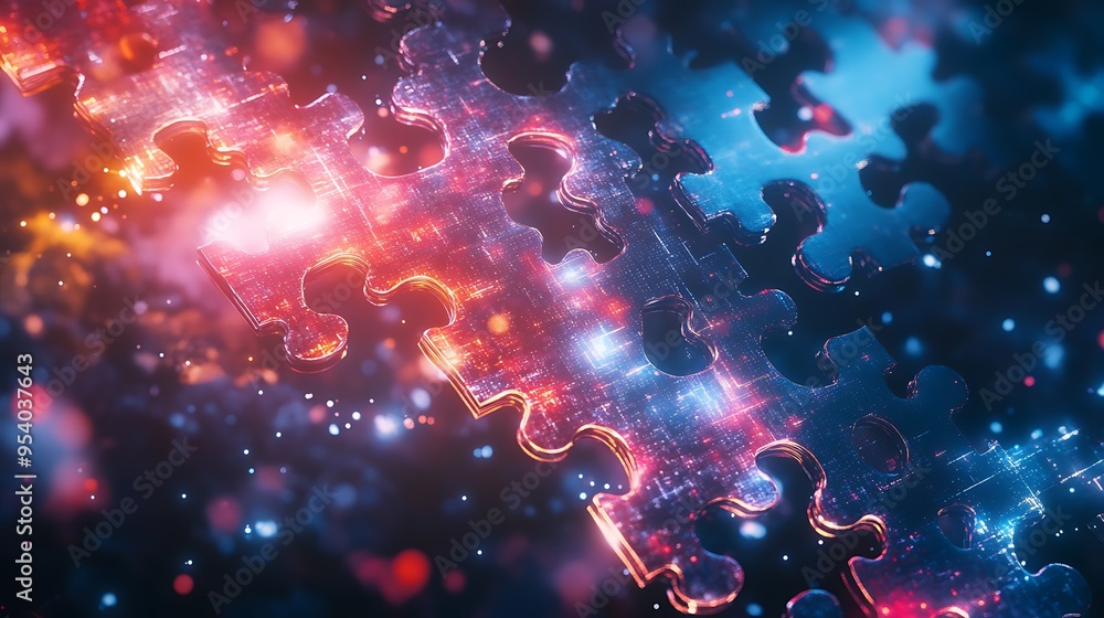 Poster glowing puzzle pieces interlocking with digital pattern