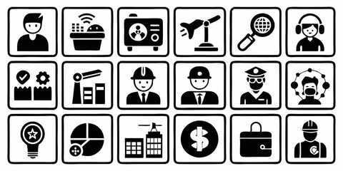 20 copyright free and trademark free Black and white icon set. Topic Is "Working" on white Background 