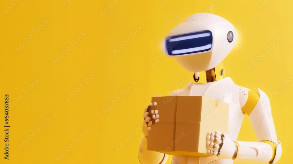Poster humanoid robot holding a package against a bright yellow background. concept of ai in delivery servi