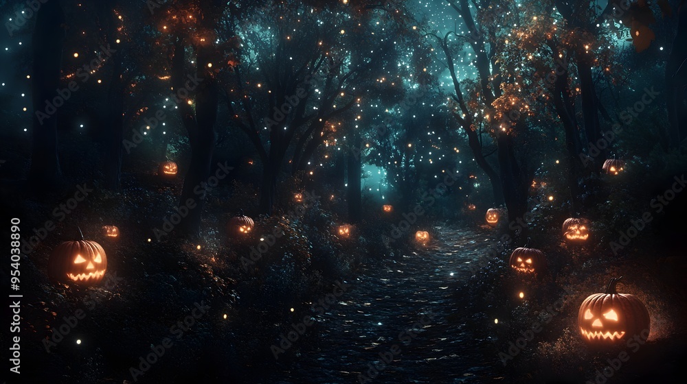 Poster enchanting forest path illuminated by glowing pumpkins and lanterns with twinkling stars above and m