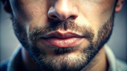 Obraz premium Close-up of a human mouth and nose with slightly parted lips, nostrils flared, and subtle facial hairs, highlighted