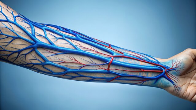 Close-up of a human arm revealing a network of prominent blue veins underneath the skin, showcasing the intricate