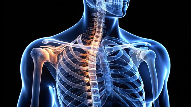 Close-up of a human shoulder bone structure revealed through a detailed X-ray image, showcasing the scapula, humerus,