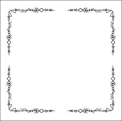 Elegant black and white ornamental frame with Viking runes, decorative border, corners for greeting cards, banners, business cards, invitations, menus. Isolated vector illustration.	
