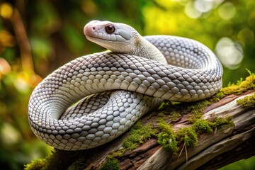 Fototapeta premium Close-up of a majestic white snake with distinctive black patterns coiled on a tree branch, its scaly skin glistening in the misty forest light.