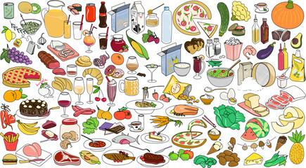  A set of vegetables, fruits and ready-made dishes - everything basic on the topic of kitchen and food. Perfect for kindergarten or primary school. Vector illustration