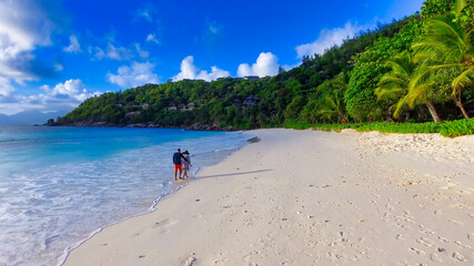 Mahe Beach, Seychelles. Aerial view of tropical coastline on a sunny day