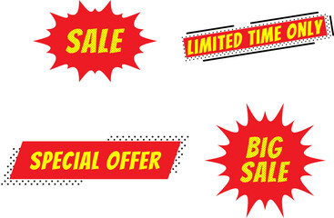 Pop art style sale tag. Red sale web banner. Limited time, special offer. 