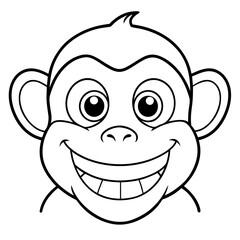 Line art of a cheerful monkey face with big eyes and a wide smile