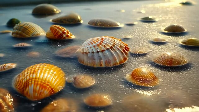 Colorful seashells on sandy beach, close-up view. Nature and tranquility concept