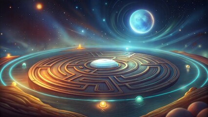 Fototapeta premium Cosmic labyrinth under the moonlight, mystical night, surreal landscape