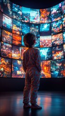 A child in pyjama standing in front of a curved wall with multiple screens, childhood in a flood of media concept