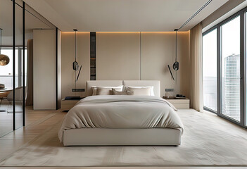 interior design of modern high end light colors skyscraper apartment , neutral materials, modern, living room,