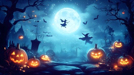 Fototapeta premium Mystical Halloween night scene with twinkling stars glowing pumpkins and a witch flying across a full moon creating a magical and spooky atmosphere