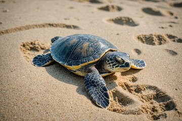 Cute newborn Sea Turtle, Caretta caretta, birth on the sand beach