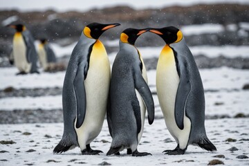 Obraz premium King penguin mating couple cuddling in wild nature, snow and ice