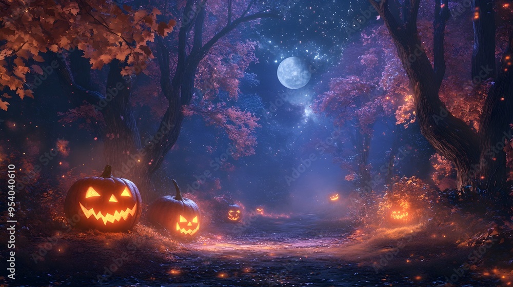 Poster mystical halloween forest with glowing jack o lanterns and sparkling stars lighting the enchanted pa