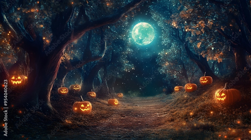 Poster enchanting halloween forest scene with a glowing full moon sparkling stars and illuminated jack o la