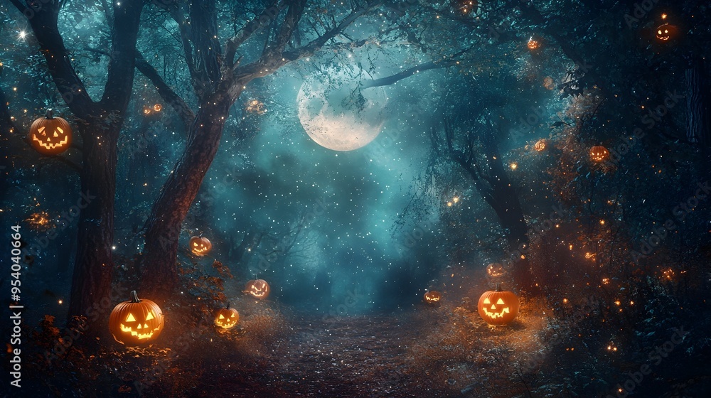 Poster enchanting halloween scene in a mystical forest with a glowing moon sparkling stars and jack o lante