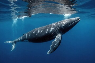 Naklejka premium A Baby Humpback Whale Plays Near the Surface in Blue Water